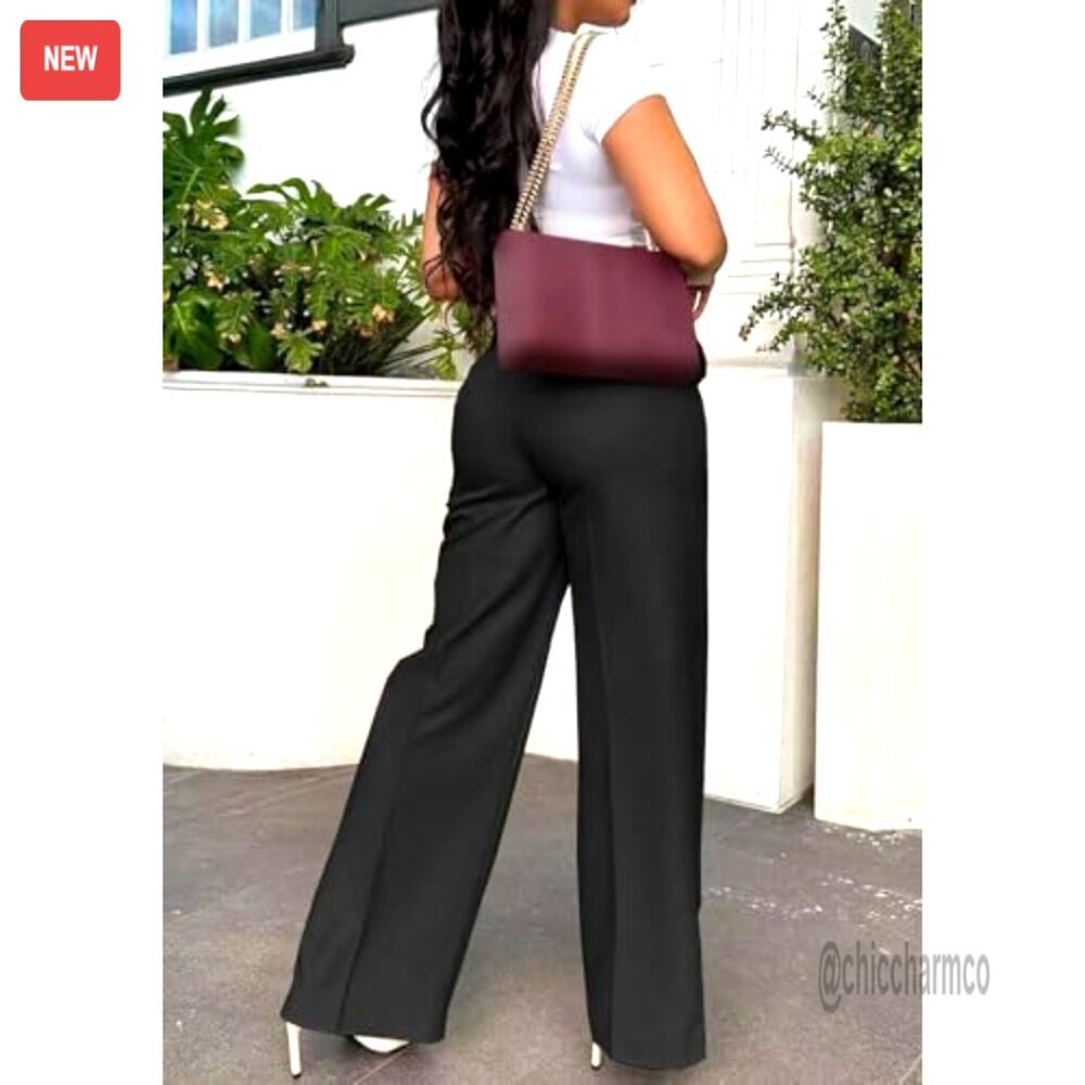 High Waisted Wide Leg Dress Pants Business Casual Slacks Polyester Spandex - Picture 4 of 6